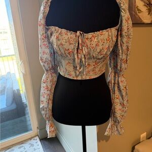 SHEIN Adorable Light Blue Floral Tie-Front Puff Sleeve Crop Top size Small